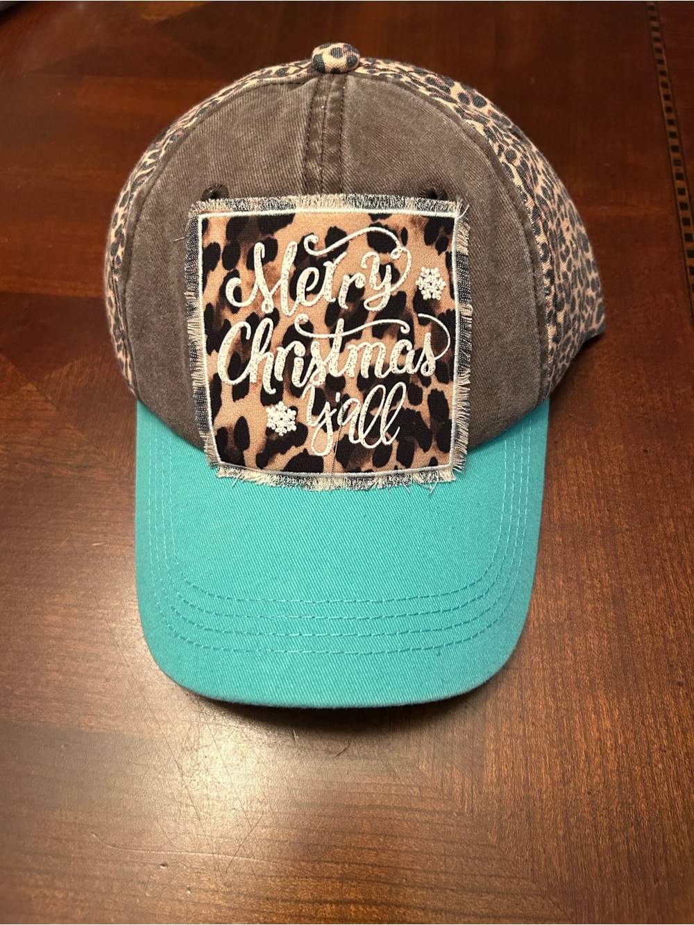 Leopard Patch Trucker Hat with Turquoise Bill - Women’s Holiday Cap